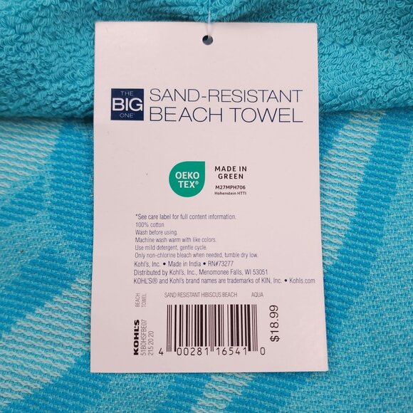 The Big One Sand Resistant Beach Towel 36" X 72" Hibiscus Design Cotton Green - Picture 5 of 7